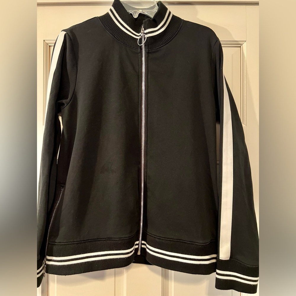 Pam & Gela Track Jacket Med Women’s Black White Stripe Full Zip Front Pockets